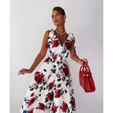 Kadın Omuz Kurdale Detay Çiçek Baskılı Midi Elbise