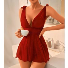 Aria's Closet Bordo Dantel Işlemeli Puantiyeli Tül Fantezi Gecelik