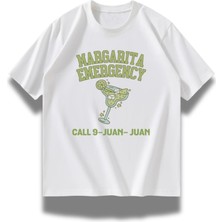 Unisex Margarita Emergency Yazılı Tişört, Oversize Yaz Temalı Bisiklet Yaka T-Shirt