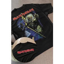 Oversize Iron Maiden Sırt Baskılı Tişört, Unisex Rock Band Temalı Bisiklet Yaka T-Shirt