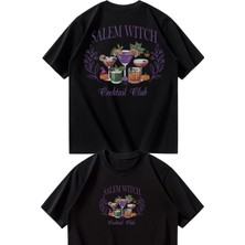 Oversize Salem Witch Coctail Club Sırt Baskılıtişört, Coctail Temalı Bisiklet Yaka T-Shirt