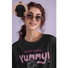Oversize Yummy Yazılı Tişört, Unisex Justin Bieber Temalı Bisiklet Yaka T-Shirt