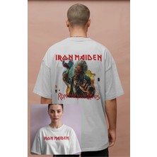 Oversize Iron Maiden Sırt Baskılı Tişört, Unisex Run For Your Lives Yazılı Bisiklet Yaka T-Shirt