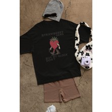 Oversize Strawberry Jams Yazılı Tişört, Unisex Çilek Adam Baskılı Bisiklet Yaka T-Shirt