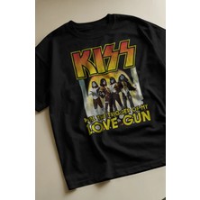 Oversize Kiss Love Gun Yazılı Tişört, Unisex Rock Band Temalı Bisiklet Yaka T-Shirt