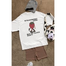 Oversize Strawberry Jams Yazılı Tişört, Unisex Çilek Adam Baskılı Bisiklet Yaka T-Shirt