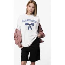 Oversize Madam President Yazılı Tişört, Kurdele Temalı Bisiklet Yaka T-Shirt