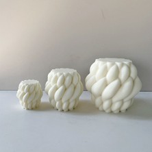 3 Lü Örgü Desenli Geometrik Sütun Mum Seti - Krem Açık Renk