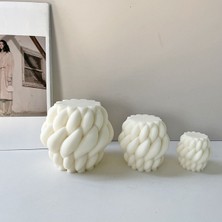3 Lü Örgü Desenli Geometrik Sütun Mum Seti - Krem Açık Renk