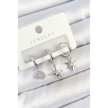 Pirinç Zirkon Taşlı Kutup Yıldızı Model Gümüş Renk 3'lü Çift Kadın Küpe Set