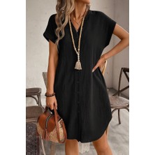 Aisha Elbise Kadın Kısa Kollu Önden Düğmeli Ithal Keten Elbise