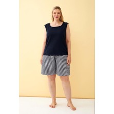 Modaserdem Akbeniz Kadın Lacivert Geometrik Desenli Şortlu Büyük Beden Pijama Takımı