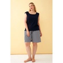 Modaserdem Akbeniz Kadın Lacivert Geometrik Desenli Şortlu Büyük Beden Pijama Takımı