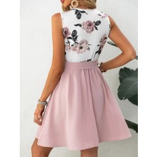 Vibe Unico Kadın Sıfır Kollu V Yakalı Çiçek Baskılı Beli Kuşaklı Dalgıç Elbise