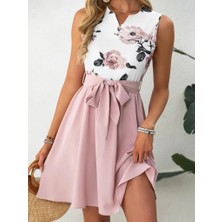 Vibe Unico Kadın Sıfır Kollu V Yakalı Çiçek Baskılı Beli Kuşaklı Dalgıç Elbise