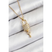 316L Çelik Zirkon Taşlı Kilit ve Sallantılı Anahtar Model Gold Renk Kadın Kolye
