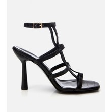 Hotiç Kadın Deri Siyah Kroko Desenli Topuklu Sandalet