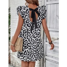 Rose's Boutiqe All About Women Kadın Kısa Kollu Kolları Fırfır Detay Arkası Bağlamalı Leopar Desen Kolsuz Mini Mikro Elbise