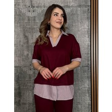 Rose's Boutiqe All About Women Kadın Modal Kumaş Çizgili Gömlek Yaka Ikili Takım