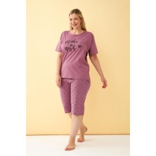 Moda Serdem  Kadın Mürdüm “make A Wish” Yazılı Büyük Beden Kapri Pijama Takımı