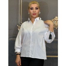 Abiye Gömlek,fermuar Detayları,pamuklu Krep,erkek Yakalı, Düğmeli,beyaz Taşli Işlemeli,yüksek Kalite
