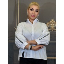 Abiye Gömlek,fermuar Detayları,pamuklu Krep,erkek Yakalı, Düğmeli,beyaz Taşli Işlemeli,yüksek Kalite