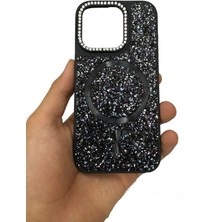 Prolysus Apple iPhone 15 Pro Kılıf Simli Taşlı Magsafe Kablosuz Şarj Özellikli Mozaik Parlayan Kılıf