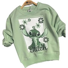 Stitch Baskılı Kız Çocuk Uzun Kollu Iki Iplik Şardonlu Yeşil Sweatshirt
