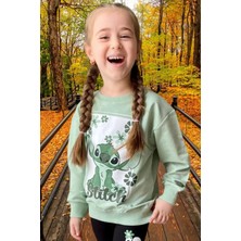 Stitch Baskılı Kız Çocuk Uzun Kollu Iki Iplik Şardonlu Yeşil Sweatshirt