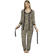 Leopar Şıklığıyla 3’lü Set Pamuklu Kadın Pijama Takımı