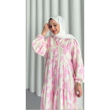 Modal Kumaş Çiçekli Düğmeli Elbise - Pembe