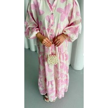 Modal Kumaş Çiçekli Düğmeli Elbise - Pembe