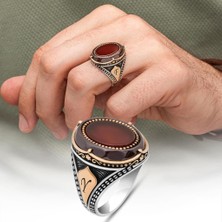 Oval Akik Taşlı Harfli 925 Gümüş Yüzük Erkek