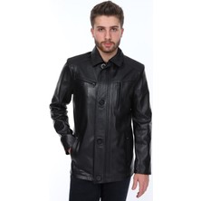 Deri Work Hakiki Deri Siyah Düğmeli Dört Cepli Erkek Deri Ceket