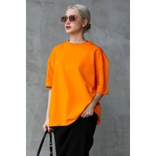 Süper Kalite Unisex Pamuk Oranj Bisiklet Yaka Oversize Boyfriend T-Shirt Kadın Erkek Turuncu Orange
