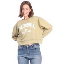 Kadın %100 Pamuk Baskılı Açık Haki Ultra Kalite Şardonsuz 3 Iplik Bisiklet Yaka Basic Sweatshirt