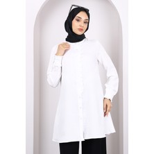 Ekru Düğmeli Fırfır Detaylı Tunik