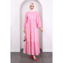 Pembe Desenli Yarım Düğmeli Kol Lastikli Elbise