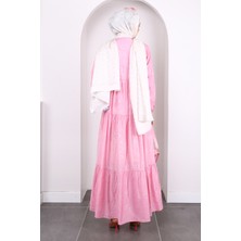 Pembe Desenli Yarım Düğmeli Kol Lastikli Elbise