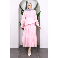 Toz Pembe Kuşak Detaylı Kraş Elbise