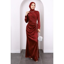 Bordo Önü Drapeli Taşlı Saten Abiye
