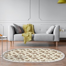 Alanur Home Kaymaz Dijital Mutfak & Salon Halı Star Pamuk Saçaklı Oval Vintage AL5009 Bej