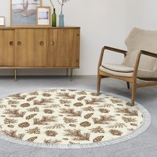 Alanur Home Kaymaz Dijital Mutfak & Salon Halı Star Pamuk Saçaklı Yuvarlak Vintage AL5007 Bej