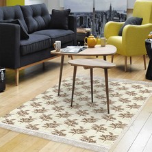 Alanur Home Kaymaz Dijital Mutfak & Salon Halı Star Pamuk Saçaklı Vintage AL5011 Bej