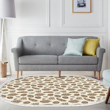 Dekoreko Kaymaz Dijital Mutfak & Salon Halı Toprak Saçaklı Oval Vintage AL5014 Bej
