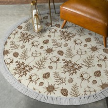 Dekoreko Kaymaz Dijital Mutfak & Salon Halı Saray Deri Saçaklı Yuvarlak Vintage AL5012 Bej