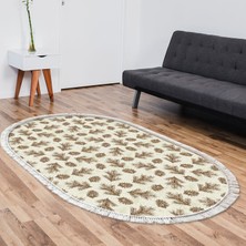 Dekoreko Kaymaz Dijital Mutfak & Salon Halı Saray Deri Saçaklı Oval Vintage AL5013 Bej