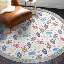 Dekoreko Kaymaz Dijital Mutfak & Salon Halı Luna Pamuk Saçaklı Yuvarlak Çocuk AL5006 Beyaz