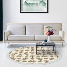 Dekoreko Kaymaz Dijital Mutfak & Salon Halı Saray Deri Saçaklı Yuvarlak Vintage AL5013 Bej