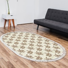 Dekoreko Kaymaz Dijital Mutfak & Salon Halı Toprak Saçaklı Oval Vintage AL5011 Bej